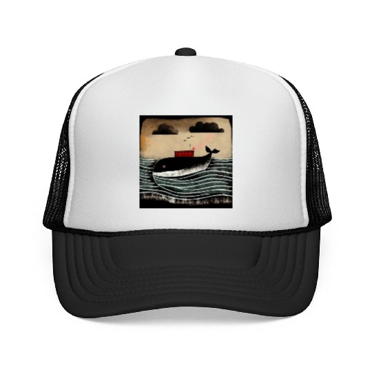 Whale and a ship Trucker Caps