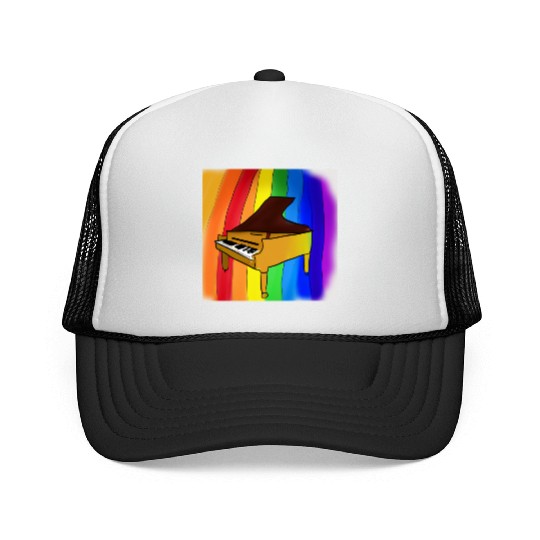 piano in front of a colorful rainbow Trucker Caps