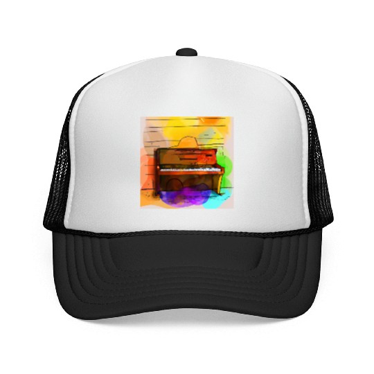 A beautiful piano in front of a colorful wall Trucker Caps