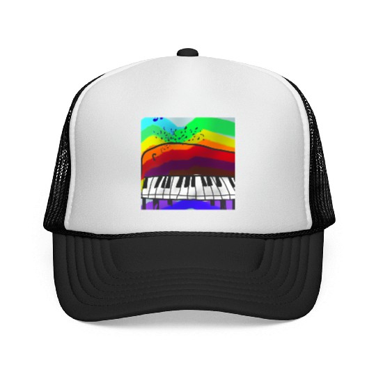 A beautiful piano in front of a colorful rainbow Trucker Caps