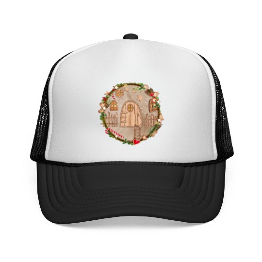 Elf door in Christmas wreath for Christmas Trucker Caps