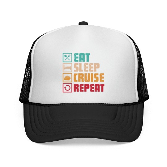 Eat Sleep Cruise Repeat Retro Trucker Caps