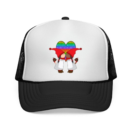 Biracial Lesbian Gnome Valentine Couple Mixed LGBT Trucker Caps