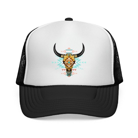 Western Aztec Bull Skull Trucker Caps