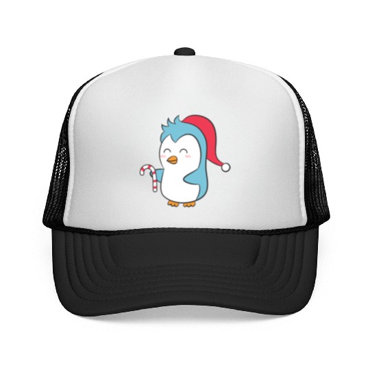 Cute Penguin with Christmas Hat and Candy Cane Trucker Caps