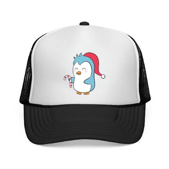 Cute Penguin with Christmas Hat and Candy Cane Trucker Caps