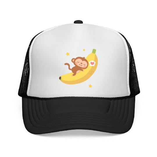 Cute Monkey Hugging Banana Moon Trucker Caps