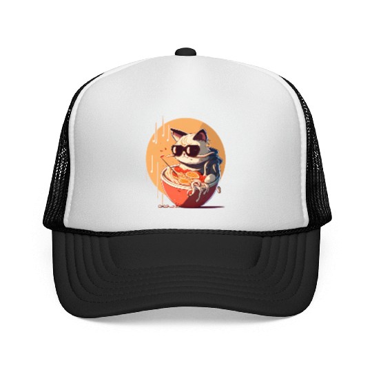 cat eating Chinese food,cute design for Meow lover Trucker Caps