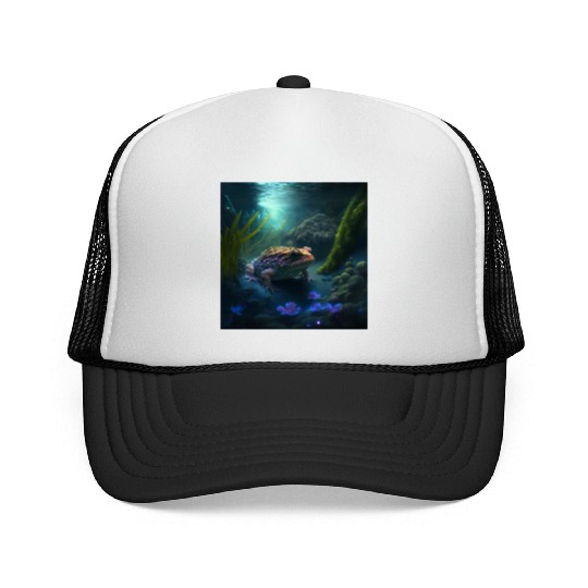 A toad in a creek the toad has blue glowing eyes Trucker Caps