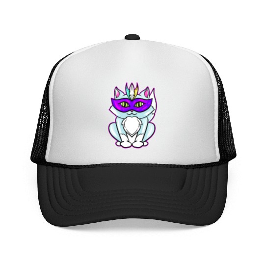Cute Kawaii Cat With Purple Mask For Mardi Gras Trucker Caps