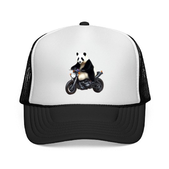 Panda Riding on Motorcycle Trucker Caps