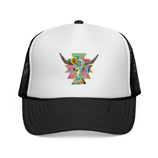 Colorful Floral Bull Skull Trucker Caps