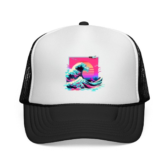 Vaperwave Aesthetic Glitch Great Wave Retrowave Sy Trucker Caps