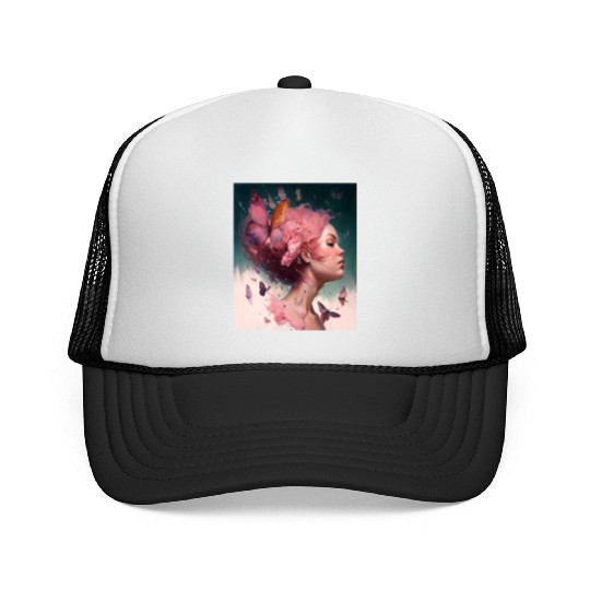 Breast Cancer Survivor Pink Flower Hair Girl Trucker Caps