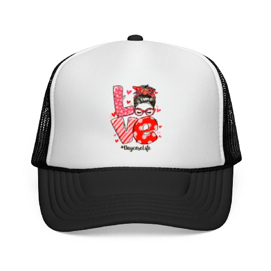 ove Messy Bun Daycare Teacher Valentines Day Trucker Caps