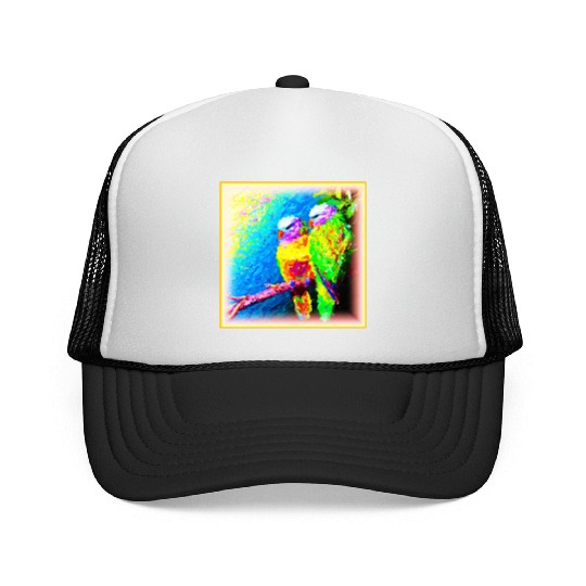 A Vibrant and Joyful Rainbow Birds. Buy Now Trucker Caps