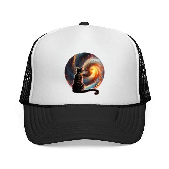Cat Staring at a Galaxy Cat Dad Cat Lover Trucker Caps