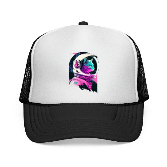 Aesthetic Vaporwave Space Cat 80s 90s Astronaut Trucker Caps