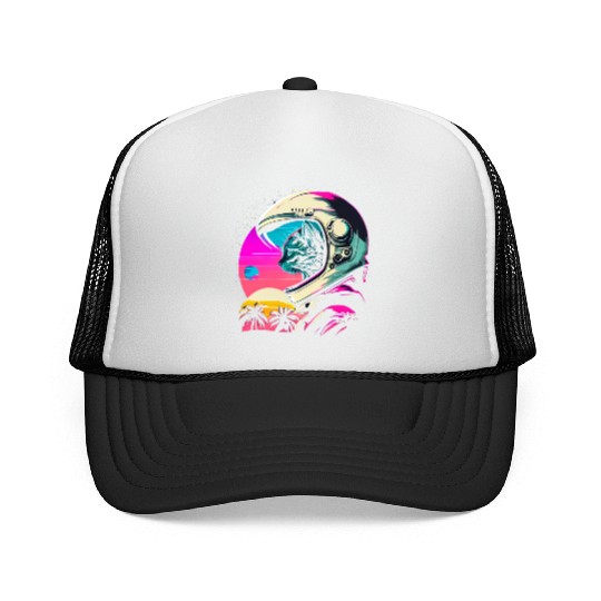 Aesthetic Vaporwave Space Cat 80s 90s Astronaut Trucker Caps
