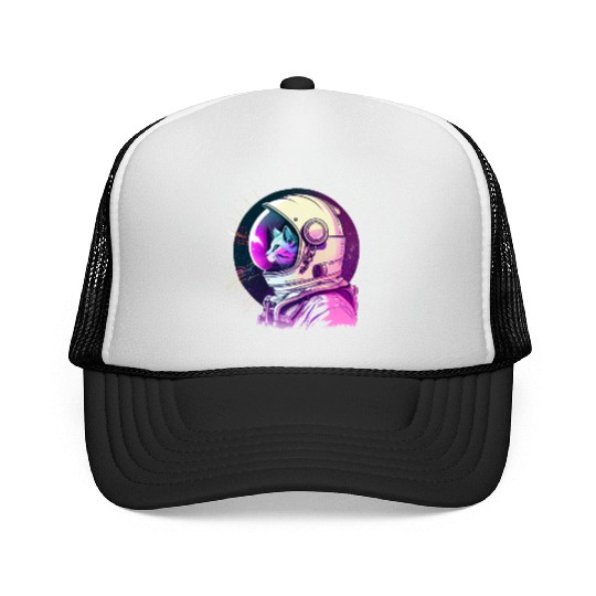 Aesthetic Vaporwave Space Cat 80s 90s Astronaut Trucker Caps