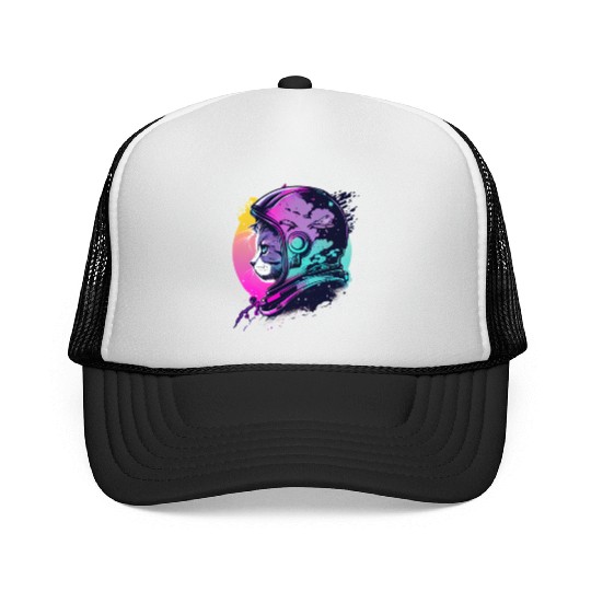 Aesthetic Vaporwave Space Cat 80s 90s Astronaut Trucker Caps