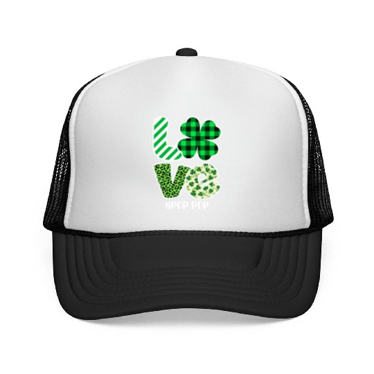 Love Pop Pop Green Plaid Leopard Shamrock Trucker Caps