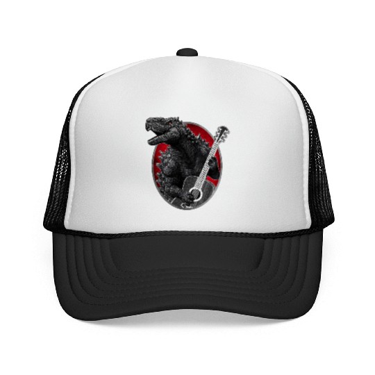 Kaiju playing guitar Trucker Caps