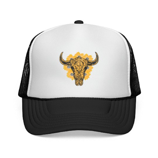 Bull Skull Sunflower Trucker Caps