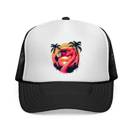 Retro Sunset Pink Flamingo Summer Design Flamingo Trucker Caps
