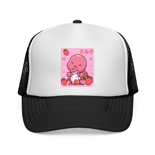 Kawaii Turtle Lover Strawberry Milk Shake Otaku Trucker Caps