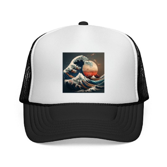 Great Wave Retro sunset Japanese art Trucker Caps