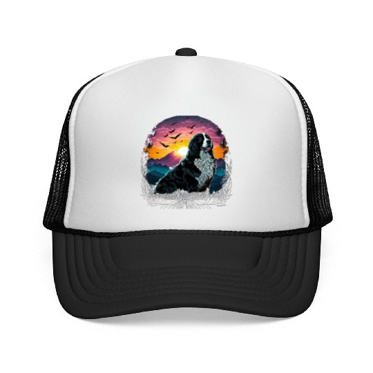 Bernese Mountain Dog with Mountain Sunrise view Trucker Caps
