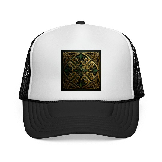 Green Bronze Ornamental Plaid Decoration Pattern Trucker Caps