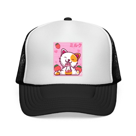Kawaii Kitten Cute Cat Strawberry Milk Shake Trucker Caps