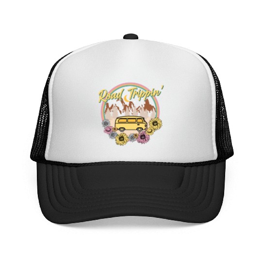 Retro Groovy Road Trip Trucker Caps with Van Flowers