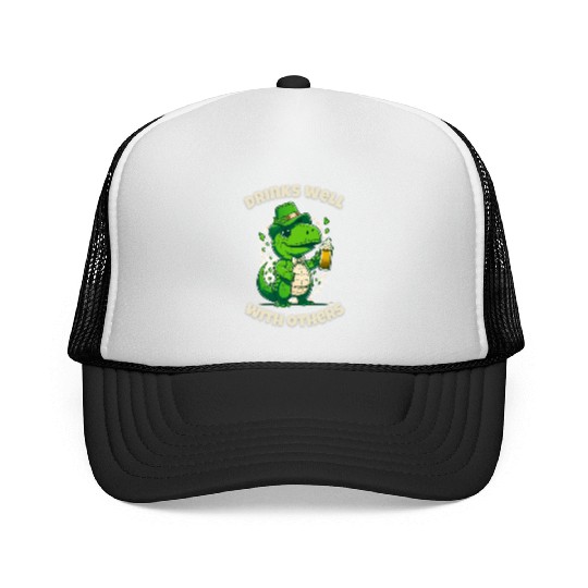 Drinks well with others st patrick's day Dinosaur Trucker Caps