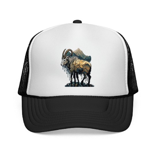 a mountain goat lives in the mountains Trucker Caps