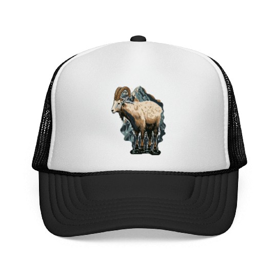 a mountain goat lives in the mountains Trucker Caps