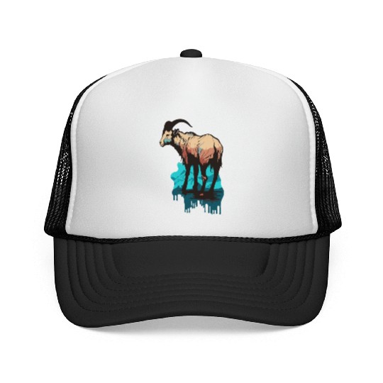 a mountain goat lives in the mountains Trucker Caps