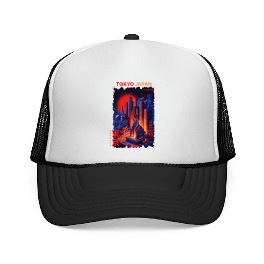 Tokyo Japan Futuristic Cyber City Urban Vaporwave Trucker Caps