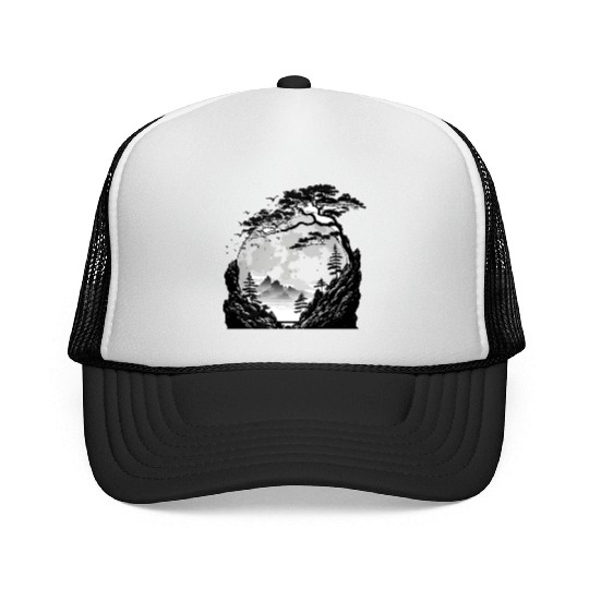 Japanese Mountain Landscape Gothic Full Moon Fores Trucker Caps