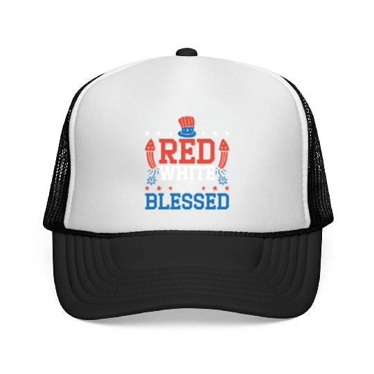 Red White And Blessed America USA Flag 4th Of July Trucker Caps