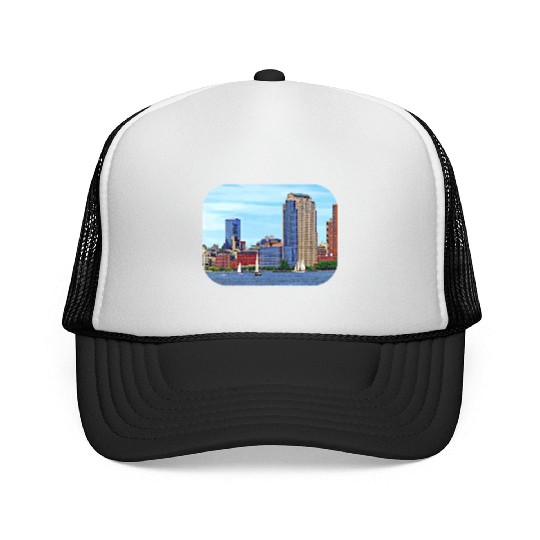 Manhattan NY - Boats By Manhattan Skyline Trucker Caps