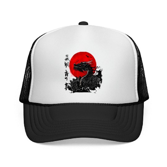 Dragon and crimson sun with ink japanese Trucker Caps