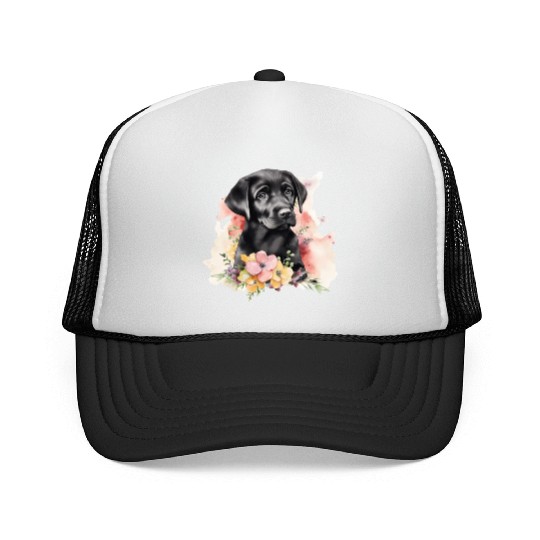 Black Lab Dog Watercolor Floral Trucker Caps