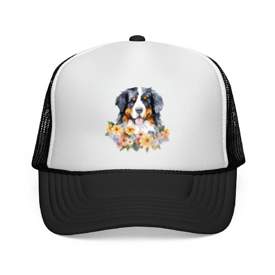 Bernese Mountain Dog Watercolor Floral Trucker Caps