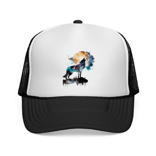Mountain Wolf Multicolor Watercolor Portrait Trucker Caps