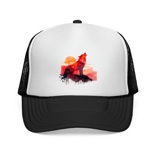 Red Wolf Watercolor Portrait Trucker Caps