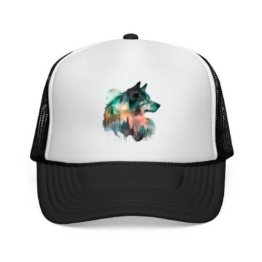 Forest Wolf Watercolor Portrait Trucker Caps