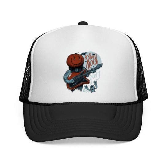 Pump Rock Society Halloween Pumpkin Playing Guitar Trucker Caps